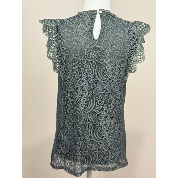 Cable & Gauge Womens M Lace Top Blouse Scalloped Sleeves Green Floral Pattern - Picture 6 of 11